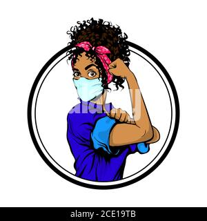 Possiamo farlo donna africana nera in maschera medica Illustrazione Vettoriale