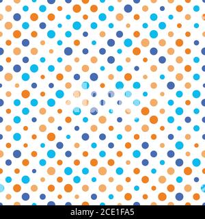 Motivo a punti in polka senza cuciture. Punti arancioni e blu in dimensioni casuali su sfondo bianco. Illustrazione vettoriale. Illustrazione Vettoriale