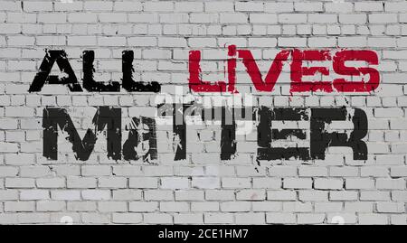 Frase tutte le vite contano su un muro di mattoni dipinto in bianco. Concetto di tolleranza Foto Stock