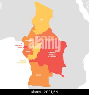 Regione dell'Africa centrale. Mappa dei paesi dell'Africa centrale. Illustrazione vettoriale. Illustrazione Vettoriale