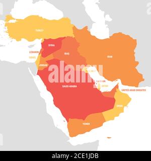 Regione Asia occidentale. Mappa dei paesi dell'Asia occidentale o del Medio Oriente. Illustrazione vettoriale. Illustrazione Vettoriale