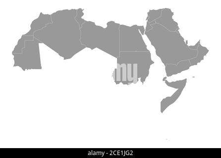 Mappa politica degli stati del mondo arabo con 22 paesi di lingua araba illuminati. Africa settentrionale e Medio Oriente. Illustrazione vettoriale. Illustrazione Vettoriale