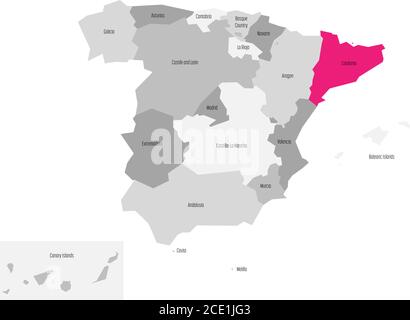 La mappa della Spagna si è deviata a 17 comunità amministrative autonome con la regione della Catalogna evidenziata in rosa. Semplice mappa vettoriale piatta in tonalità di grigio. Illustrazione Vettoriale