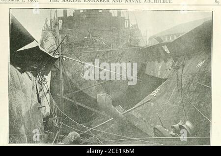 . Marine Engineer . mg/uti, China.views che mostrano il risultato del disastroso incendio a bordo del Netherton. Ottobre i, 1907. L'INGEGNERE MARINO E ARCHITETTO NAVALE. Il ;Netherton. Foto di S. hwuye, Shanghai, Cina. Foto Stock