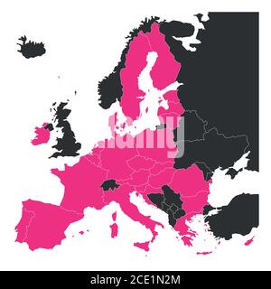 La mappa politica dell’Europa con il rosa ha evidenziato 27 stati membri dell’Unione europea, UE, dopo la brexit nel 2020. Semplice illustrazione vettoriale piatta. Illustrazione Vettoriale