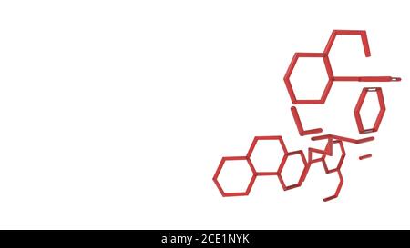 Esagoni 3d in vetro rosso su sfondo bianco, comunicazione molecola struttura HD. DNA, atomo, neuroni. Progettazione di concept scientifici. Linee collegate con punto Foto Stock