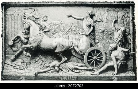 Tullia guida il corpo del Padre. (Da un bassorilievo). Tullia era la figlia malvagia di Servius Tullius, uno dei migliori dei primi re. Congiurò di assassinare suo padre, e quando il suo corpo morto fu gettato in strada, scamò il suo carioteer guidare su di esso. Gli zoccoli dei suoi cavalli martellarono il cadavere del padre, e le sue ruote di carri erano rosse con il suo sangue. La strada è stata tenuta maledetta e chiamata ‘Wicked Street". Foto Stock