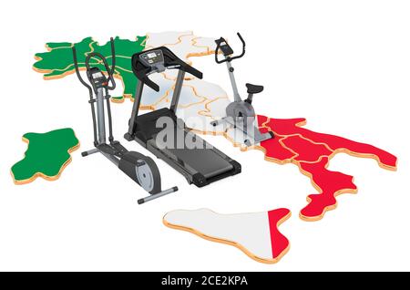 Club sportivi in Italia. Fitness, attrezzature sportive sulla mappa italiana. Rendering 3D isolato su sfondo bianco Foto Stock