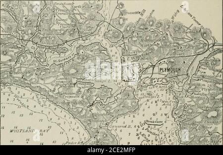 . La terra e i suoi abitanti .. . L'Inghilterra assomiglia all'est, ma l'ovest sorge intossuti scogliere di pietra arenaria rossa vecchia e granito. È carente di porti naturali, e scogliere di gesso si alternano con tratti di palude e tratti piani di argilla ; A ovest di Selsey Bill la strada sicura di Spihead si apre tra la terraferma e l'Isola di Wight, comunicando con lo spazio ousharbor di Portsmouth e l'estuario ben riparato che conduce a Southampton. 14 LE ISOLE BRITANNICHE. Ancora più a ovest, tra le numerose baie che fanno da sfondo alle coste del Devonand Cornwall, Foto Stock