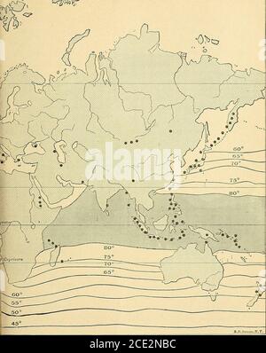 . Geografia fisica elementare . Faccia pagina 370. Distribuzione approssimativa di vulcani attivi e recenti iwpm%. Isoterme annuali delle acque della superficie oceanica. VULCANI, TERREMOTI E GEYSEBS. 371 negli Stati Uniti, esclusa l'Alaska, ci sono vulcani nowno che sono noti per essere in eruzione. Sia in Alaska che in Messico ci sono coni attivi; e nella parte nord-occidentale del paese, nello stato di Washington, ci sono alcuni la cui forma è così perfetta che possono stillare vulcani attivi in una condizione dormiente. In effetti, ciò riporta che alcuni vulcani nell'estremo ovest sono Foto Stock