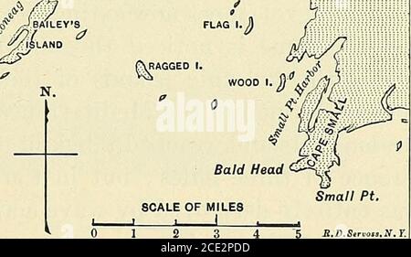 . Geografia fisica elementare . 5 E.D.S,r™,i.N.Y. Fig. 211.le isole, i cape e i promontori di Casco Bay, Me. Della linea costiera per azione delle onde (Fig. 191). Come si è detto, le onde gettano sbarre in luoghi favorevoli, il vento raccoglie la sabbia e la soffia in dune di sabbia, le andisterre di questa origine si trovano in abbondanza lungo le maniarie. A sud di Capo Hatteras c'è una linea di suchisolas, che sono dovuti in parte all'onda e in parte al vento 346 GEOGRAPHY. Azione FISICA, e che si estendono lungo la costa parallela al themainland, e ma a breve distanza da esso. Quando una costa irregolare i Foto Stock