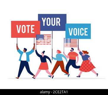 Gruppo di persone, camminando con bandiere alle elezioni. Folla di donne e uomini in una dimostrazione. Concetto di campagna elettorale, vettore di tema di voto Illustrazione Vettoriale