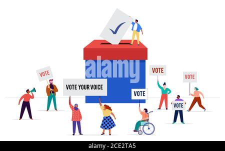 Gruppo di persone, camminando con bandiere alle elezioni. Folla di donne e uomini in una dimostrazione. Concetto di campagna elettorale, vettore di tema di voto Illustrazione Vettoriale
