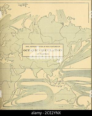 . Geografia fisica elementare . Faccia pagina 183.. &lt;£/* -1 JT.D.Stno,,.ll.Y. Caldo, correnti ^HP correnti fredde ffel OCEAN WAVES E CURRENT8. 183 emisfero settentrionale questa temperatura si raggiunge ad un'altezza di circa 600 fathoms, e nell'emisfero meridionale ad una profondità di circa 400 fathoms. Questo indicatesche sotto l'equatore l'acqua fredda del fondo dell'oceano che si innalza. Il sistema delle correnti oceaniche. (Piastra 16.) Sappiamo poco riguardo alla circolazione dell'acqua sul mare; ma in superficie ci sono alcuni movimenti molto distintivi, ai quali viene dato il nome di correnti oceaniche. NelL'AREA A. Foto Stock