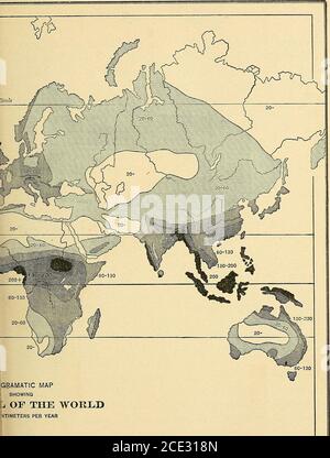 . Geografia fisica elementare . MODATIONI OLTRE 200 i1 ? 130-200 n 60-13020-60 MENO di 20 pagine a faccia 117. Raini «l.. GBAMATIC MAPPA CHE MOSTRA L O IL MONDO ^TIMETERS PER ANNO B.D.SERUOAS.H.Y. D. L'UMIDITÀ DELL'ATMOSFERA. 117 distribuzione della cascata nel mondo. Come usato qui, le precipitazioni includono sia la pioggia che la neve. In generale si tratta di una differenza nella quantità di precipitazioni in funzione della latitudine e dell'altitudine. Poiché in altitudini elevate e altitudini elevate la temperatura dell'aria è bassa, e quindi contiene littlevapor, la quantità di pioggia che può essere condensata nei theseplaces è le Foto Stock