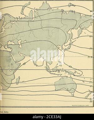 . Geografia fisica elementare . Faccia pagina 35. IsotheraI. Hor luglio. DISTRIBUZIONE DELLA TEMPERATURA. 55 estremità estrema sud della Florida, e la parte settentrionale della costa del Maine, mentre nella stessa distanza sulla costa occidentale le differenze di temperatura sono molto meno. Da FromKey West a Cape Hatteras l'influenza del caldo flusso del Golfo è avvertita, mentre sulla costa del New England le temperature sono abbassate dalla fredda corrente di Labrador; ma sulla costa del Pacifico l'influenza del caldo oceanis si manifesta dalla California del Sud a Washington. Uno studio dei grafici mostrerà molte altre variazioni nel theisot Foto Stock