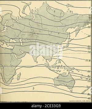 . Geografia fisica elementare . Faccia pagina 50, isotermica &lt;. &gt;r l'anno. DISTRIBUZIONE DELLA TEMPERATURA. 51 sostituito da una discesa temporanea (Fig. 25). Ciò accade nella latitudine inour quando le tempeste o le onde fredde passano sopra noi e pre-ventilano l'effetto del calore del sole da diventare apparente.così in inverno possiamo avere i thaws, o in metà estate il calore può essere temperato da parecchi giorni di tempo freddo; ma sono più irregolarità durante il nostro inverno che durante thesummer. La curva di temperatura mostra solo la media di questi, il suo valore principale è quello di illustrare l'effetto dei raggi solari come la stagione Foto Stock