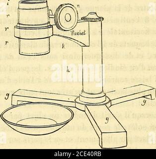 . Du microscope et des injection : dans leurs applications à l'anatomie et à la patologie, suivi d'une classification des sciences fondamentales, de celle de la biologie et de l'anatomie en particulier . un autorepied qui ne difère du précédent que parce quil est dis-posé connue celui des autres microscopi. Il est formé4lin lanjbour cylindrique renfermant un miroir quiréfléehit la lumière, et éclaire lobjet par transparenceau travers dun grande trou circulaire percé au centerede la platine qui recouvre le tambour. On peut aussise servir de ce pied pour disséquer les corps opaques,)Q|JPII§ rél Foto Stock