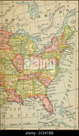 . Rand McNally Pocket atlante del mondo : storico, politico, commerciale . 21. 85° 80° 22 STATI UNITI. Sezione vicino a campi di cotone; numero totale di mandrini, 1900-01, 20,200,000; Stati del Nord, 14/700,000; nel Sud, 5,500,000. Produzione di lana in gran parte confinata negli stati del Nord Atlantico; seta a Pater.-on. New Jersey, New York e Philadelphia; numero di fabbriche di seta, 1900,488. UnitedStates è leader mondiale nella produzione di ferro e acciaio; ghisa pro-duced, l.t(M), 13,7*9,242 t; ferro e acciaio laminati, 15,040.129 t. Totalnumber di stabilimenti di stagno, terue, e targa nera, 1 Foto Stock