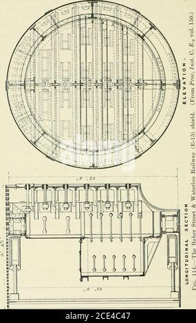 . Protezione e tunneling dell'aria compressa . Ferrovia (e-8) (vedi par. 32 e 37)la faccia era stata sostenuta durante la spinta da tensioneattraverso l'apertura dello scudo. In Baker Street e Waterlooschermo, come modificato dopo la rimozione delle persiane, le stretelle sono state trasportate attraverso aperture speciali. Sono state fornite due coppie di molle a gas. Erano costituiti da tubi di acciaio oj-i in. Diametro interno e l^? lunghezza piedi. L'estremità anteriore ha dato un cuscinetto contro le alette frontali e il foro di estremità posteriore un padiglione regolabile mediante il quale il puntone potrebbe essere serrato contro una traversa (byatt) incuneata contro il rivestimento del tunnel. Foto Stock