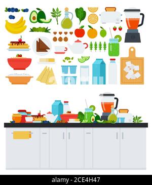 Immagine con prodotti assortiti per una sana illustrazione vettoriale della colazione in un design piatto. Illustrazione Vettoriale