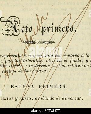 . La molinera; comedia en un acto, traducida del francés por Isidoro Gil . I. .EL CONDE SCHUVALOFFEL SINDACO DRAKEN. FEDORA , su ¡lijaAlejandrio , (lias. Doña Matilde Diez. Don Julián Hornea. Don Antonio de Guzman. Don Pedro López. Doña Teodora Lamudrid. oficial de quai-) n i , • Don Antonio Altera. OFICIALES, PAGINE, GUARDIAS. La escena pasa en el primer acto en una sala de nn cas-lillo; en el segundo en el palacio Imperial de veranodo S. á, que pertenece Galería Dramática la anlií, espropiedad del Editor de los teatros moderno , uoespañol^eslrauí y  ^ero ; quien persegui Foto Stock