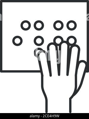 mano con carta scritta in braille, giornata mondiale di disabilità, disegno lineare di icone illustrazione vettoriale Illustrazione Vettoriale