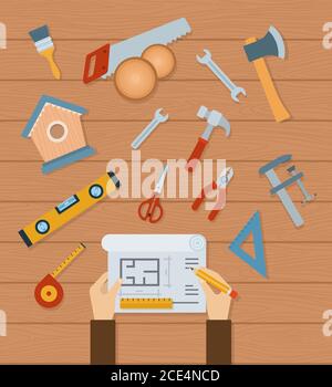 Collezione di attrezzi per la lavorazione del legno illustrazione vettoriale in un disegno piano. Illustrazione Vettoriale