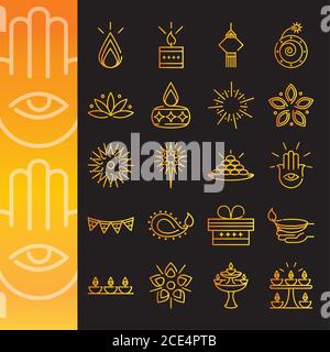 happy diwali india festival, deepavali religione decorazione sfumatura icone stile vettoriale illustrazione Illustrazione Vettoriale