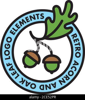 Disegno vettoriale di foglie di Acorn e di quercia. Badge dal design piatto retro con elementi in quercia con profilo audace. Illustrazione Vettoriale