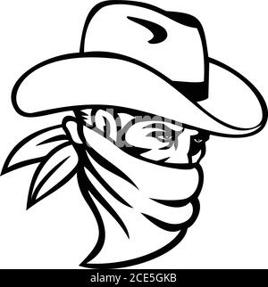 Mascot illustrazione di un cowboy bandito, fuorilegge, highwayman, maverick o ladro che indossa una maschera facciale, copertura viso o bandana vista da un lato su isola Illustrazione Vettoriale
