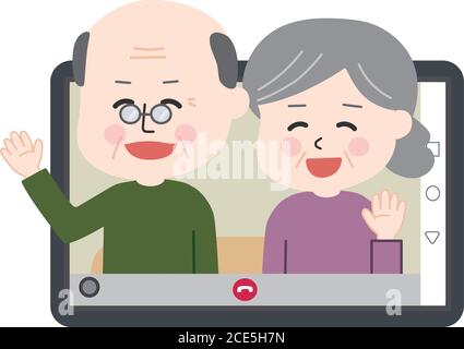 Nonno e nonna seduti sul divano e con videochiamata su tablet o smartphone. Illustrazione vettoriale isolata su sfondo bianco. Illustrazione Vettoriale