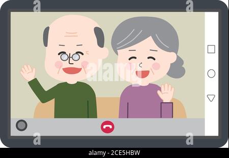 Nonno e nonna seduti sul divano e con videochiamata su tablet o smartphone. Illustrazione vettoriale isolata su sfondo bianco. Illustrazione Vettoriale