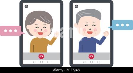 Coppie anziane con bolle vocali che hanno videochiamata su tablet o smartphone. Illustrazione vettoriale isolata su sfondo bianco. Illustrazione Vettoriale