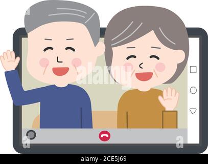 Coppia anziana seduta sul divano e videochiamata su tablet o smartphone. Illustrazione vettoriale isolata su sfondo bianco. Illustrazione Vettoriale
