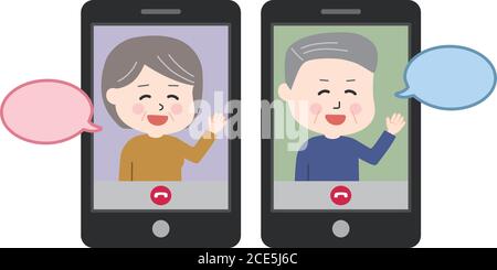 Coppie anziane con bolle vocali che hanno videochiamata su tablet o smartphone. Illustrazione vettoriale isolata su sfondo bianco. Illustrazione Vettoriale