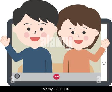 Uomo e donna seduti sul divano e con videochiamata su tablet o laptop. Illustrazione vettoriale isolata su sfondo bianco. Illustrazione Vettoriale