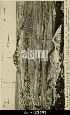 . Campi di battaglia della guerra mondiale, fronti occidentali e meridionali; uno studio in geografia militare . 436 CAMPO DI BATTAGLIA DI LORENA. ALTOPIANO DELLA MOSELLA 437 come la testa di ponte altopiano della Mosa nelle vicinanze di St. Mihieland Commercy (PI. Vi), il Grand Couronne è ripeterlyblached da valli trasversali del torrente. Due di questi appena a nord di Nancy trasportano le ferrovie e le autostrade dalla pianura sul theest attraverso il bastione dell'altopiano proiettato alla gola della Mosella (Fig. 106). Accanto al nord la valle della Natagne (Fig.107) quasi ma non completamente infrange il bastione, e aroad attraversa da est a ovest thro Foto Stock