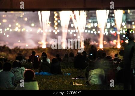 Fuochi d'artificio sul fiume Tama, esposizione di fuochi d'artificio e del pubblico (2018) Foto Stock