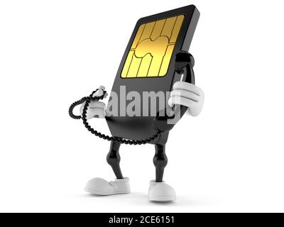 Carattere della scheda SIM che tiene isolato il ricevitore del telefono su bianco sfondo Foto Stock