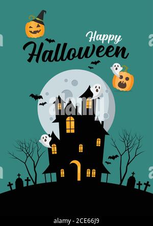 Happy Halloween Haunted House Greetiing Card. Illustrazione vettoriale Illustrazione Vettoriale