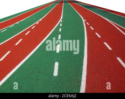 Una pista da corsa in uno stadio con marcature bianche Foto Stock