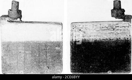 . Manuale delle batterie di stoccaggio, compresi i principi di costruzione e progettazione delle batterie di stoccaggio, con l'applicazione della conservazione delle batterie al servizio navale . Fig. 119a.: Mostra le piastre con fibbie che si raddrizzano e si comprimono. 21 318 archiviazione Bati^:»x ^i^. Maiale. 119b.: Mostra gli effetti dell'elettrolito basso nella cella. Notare la Whiteline di solfato sulla parte superiore delle piastre. Foto Stock