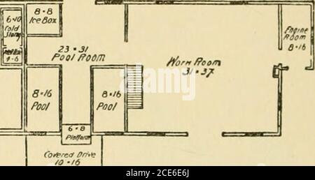 . Piani di fienile e annessi . rangement dell'edificio a Earlville, N. Y., shownin Figure 273 e 274, è molto conveniente ed il costo di costruzione basso rispetto a molti altri plants.The pianta generale è mostrato nella figura di disegno di linea, che accompagna questo. L'edificio è trentadue per 120 piedi, con vano motore otto per sedici aggiunta di feetin. La parete è diciotto pollici di spessore e doppio raid alto posato nel mortaio di calce migliore. Piers per 2TG PIANI DI FIENILE E AVAMPOSTI SOTTO travi e piscine non dovrebbe essere meno thantwo piedi quadrati. Il pavimento nel vano motore è di con Foto Stock