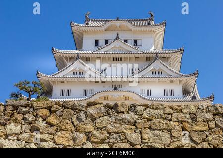 Fioritura dei ciliegi e il castello di Himeji in Giappone Foto Stock