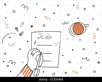 Elenco delle cose da fare con una tazza di caffè e una mano con penna o matita. Disegno vettoriale di stile doodle disegnato a mano illustration.foglio di pianificazione o diario per la routine Illustrazione Vettoriale