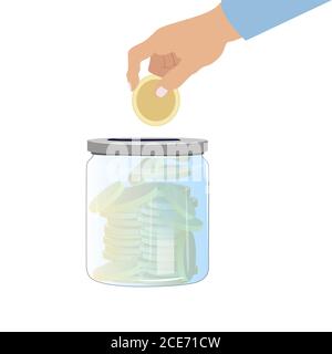 Raccogliere denaro in vaso di vetro. Deposito bancario, cartone animato per donazione, vettore raccolta reddito e profitto illustratone Illustrazione Vettoriale
