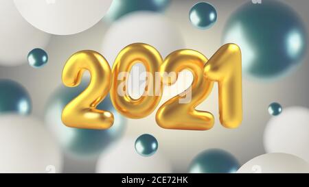 Felice Anno Nuovo. Palloncino 3D realistico con iscrizione dorata 2021. Illustrazione astratta con sfere blu e bianche. Testo metallizzato dorato per banner desig Illustrazione Vettoriale