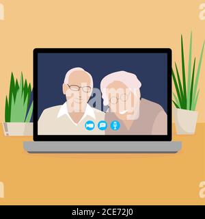 La videochiamata ai genitori utilizza il computer portatile. Video vettoriale online e chat con laptop, tecnologia moderna, per le persone anziane conversazione, nonni insieme sp Illustrazione Vettoriale