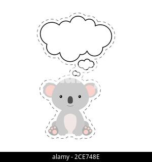 Carino koala cartoon con adesivo bolla del parlato. Kawaii personaggio su sfondo bianco. Cartoon seduto animale cartolina clipart per compleanno, baby doccia Illustrazione Vettoriale